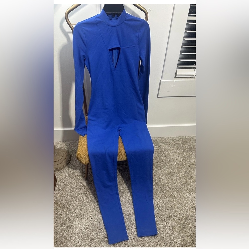 Long Sleeve Royal Blue Jumpsuit with Keyhole Front